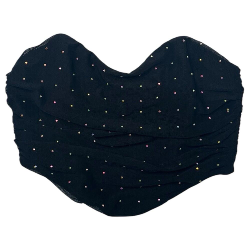Hello Molly Top Womens S Cropped Strapless Rhinestone Sweetheart Diva Black